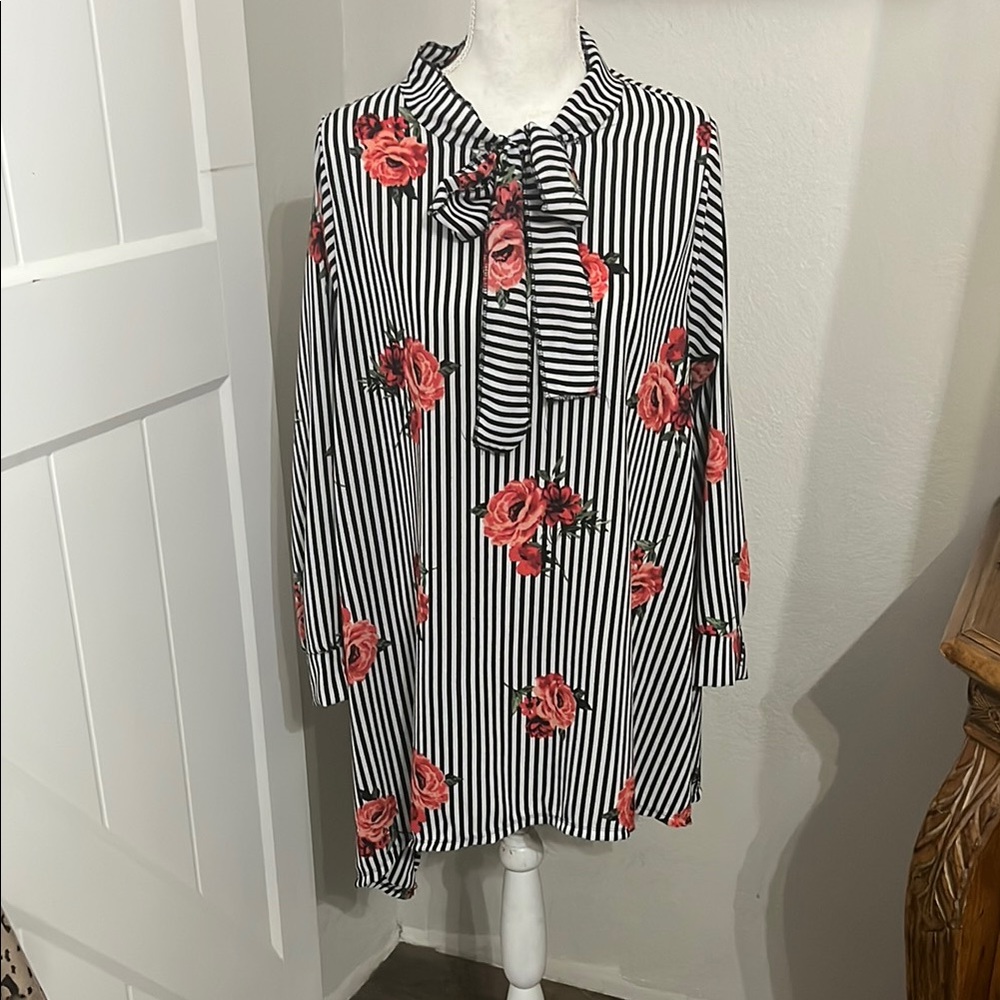 Striped Floral Blouse with Bow